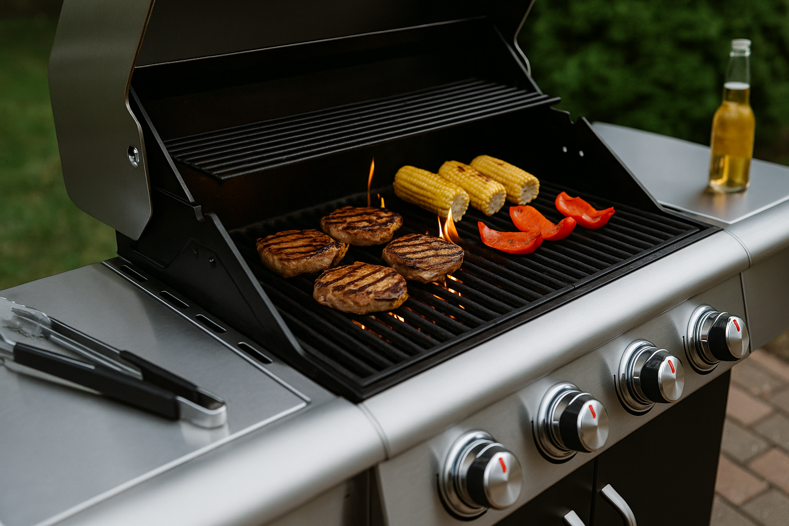 Barbacoa de gas con carne y verduras