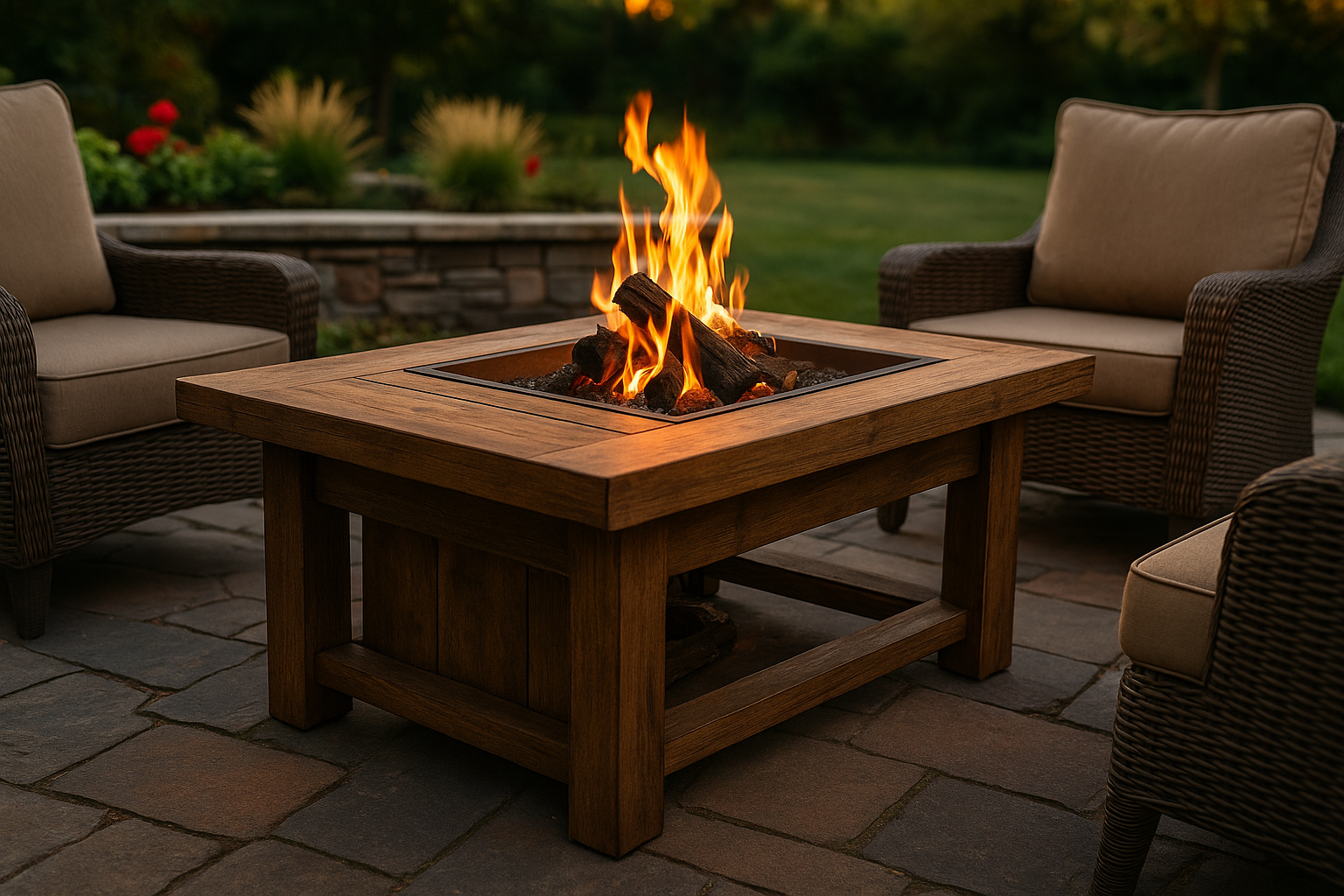Tavolo da fuoco in legno in giardino