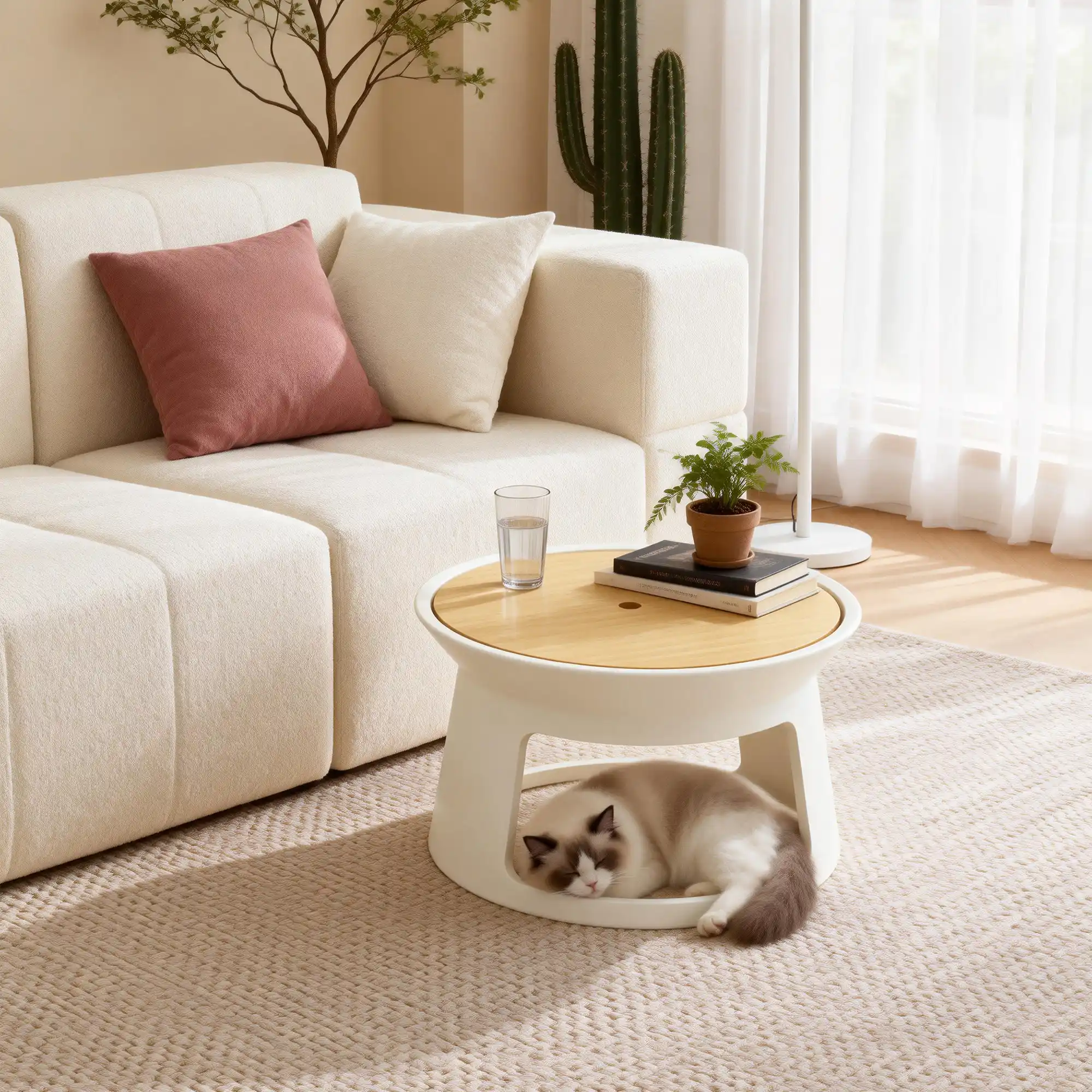 Couchtisch mit Tierbett als platzsparende L&ouml;sung in einer kleinen Wohnung