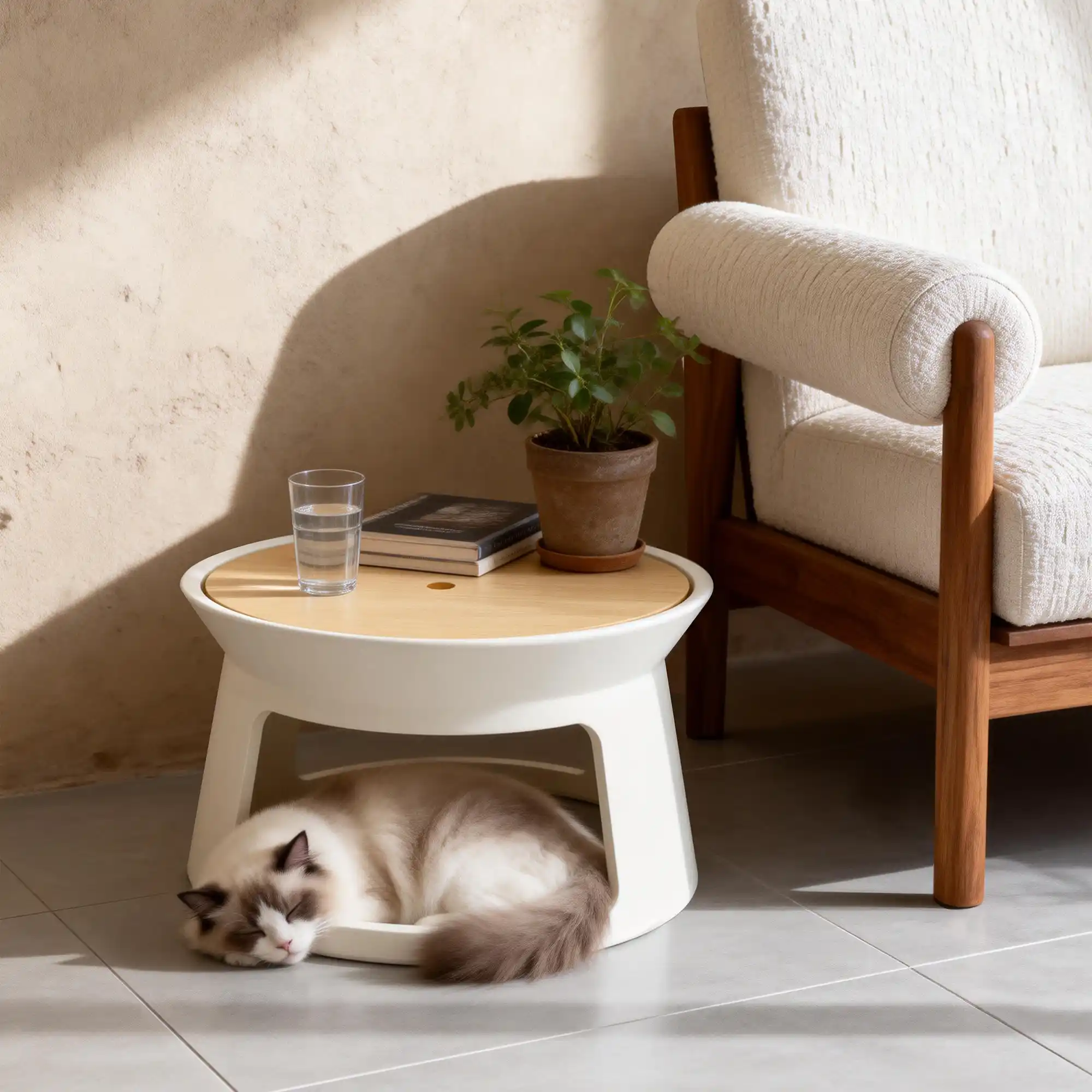 Multifunktionaler Couchtisch mit kleinem Hund im integrierten Tierbett