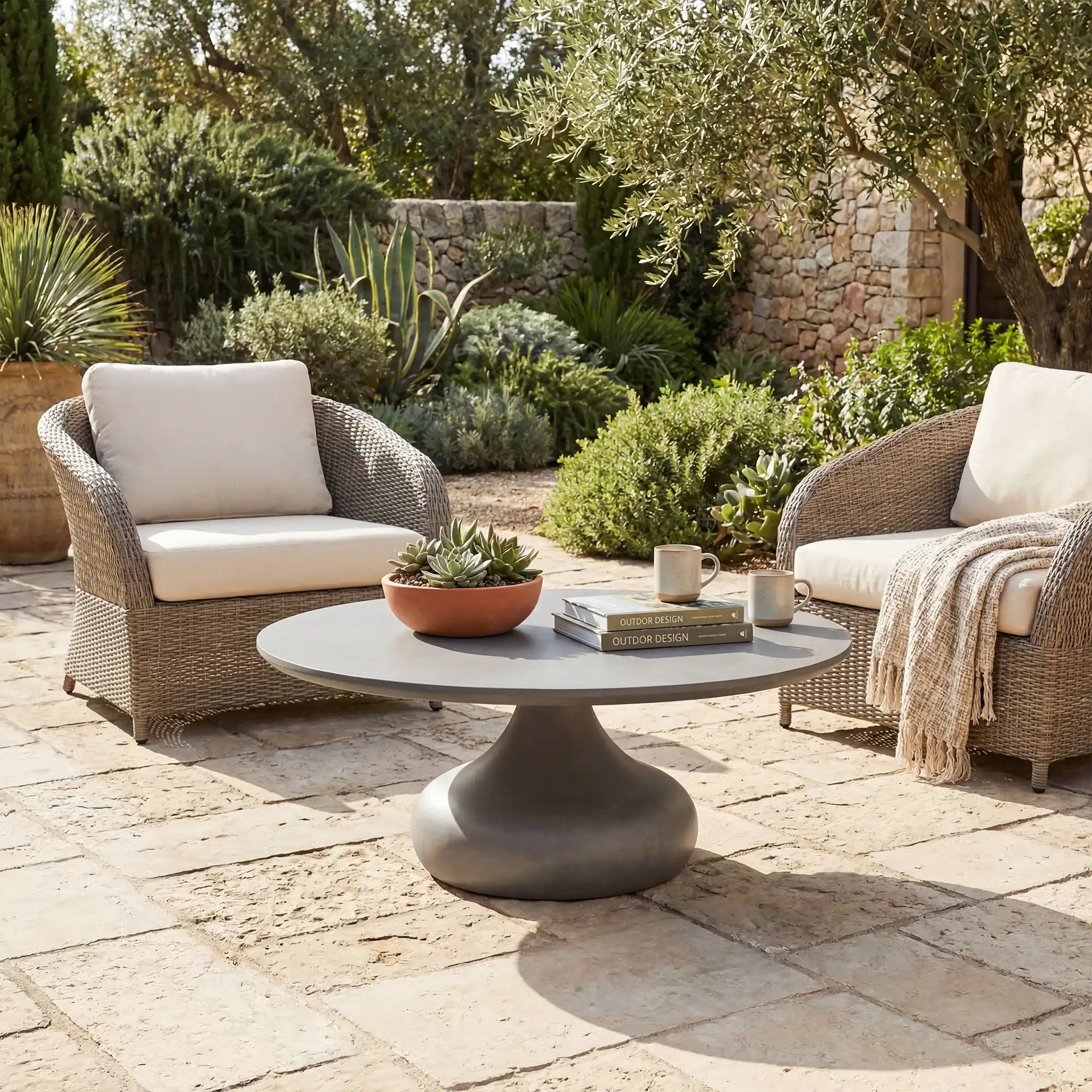 Table basse ronde en b&eacute;ton et deux fauteuils en rotin dans un jardin