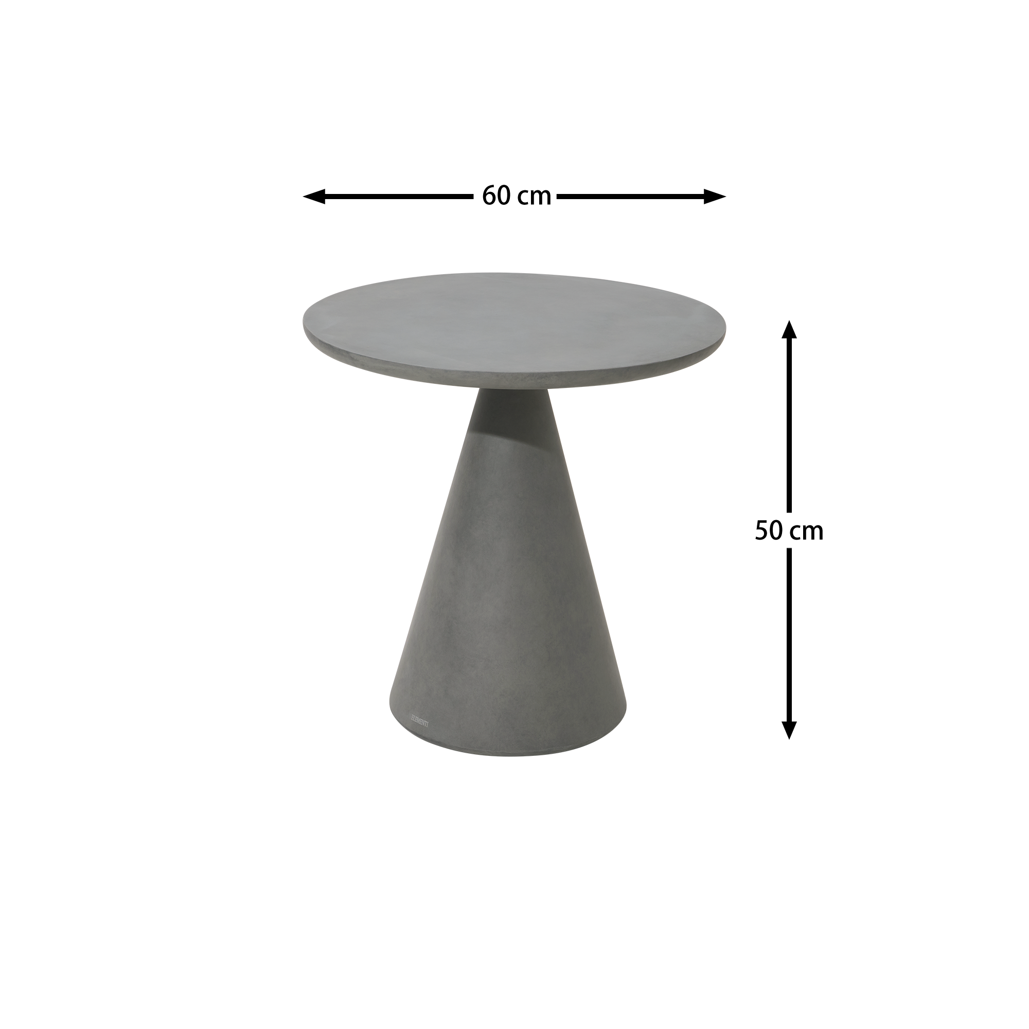 Sch&eacute;ma cot&eacute; d'une table basse ronde compacte en b&eacute;ton de 60 cm de diam&egrave;tre