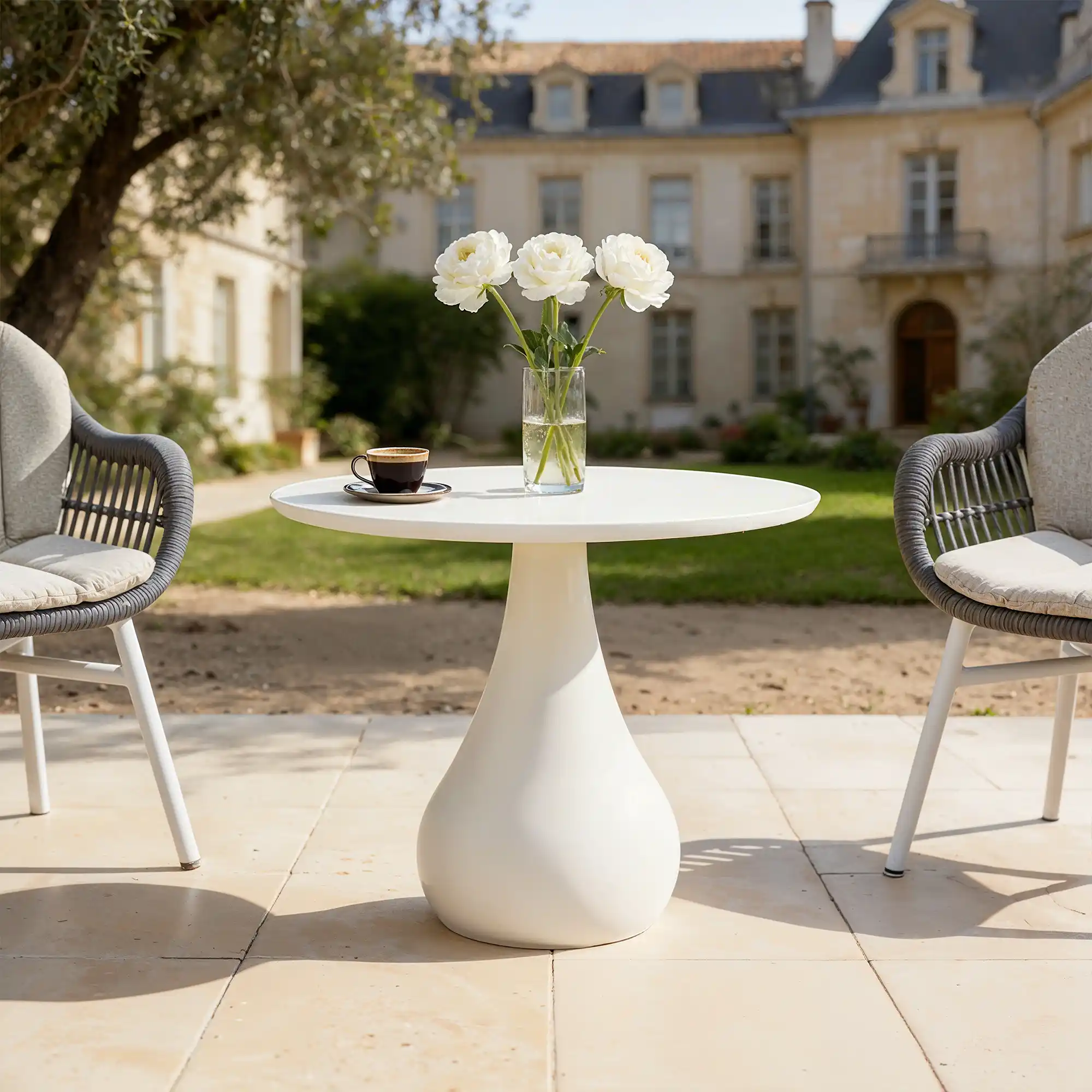 Table ronde en b&eacute;ton &agrave; base large sur une dalle de pierre