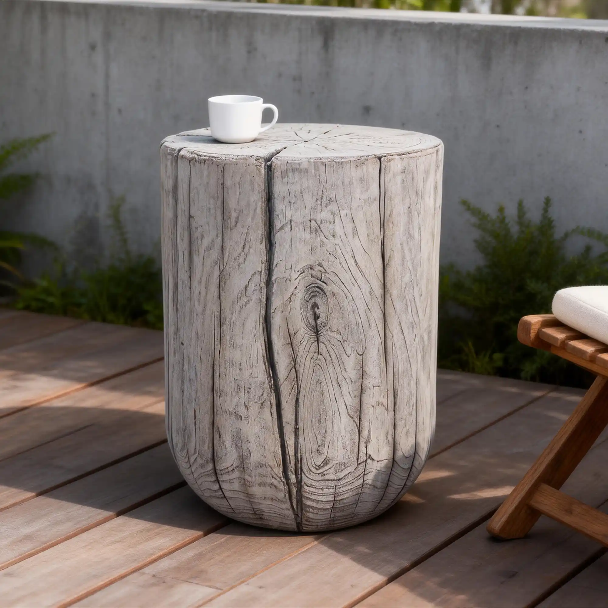 Beton Holz Tisch im Wohnzimmer mit Materialmix
