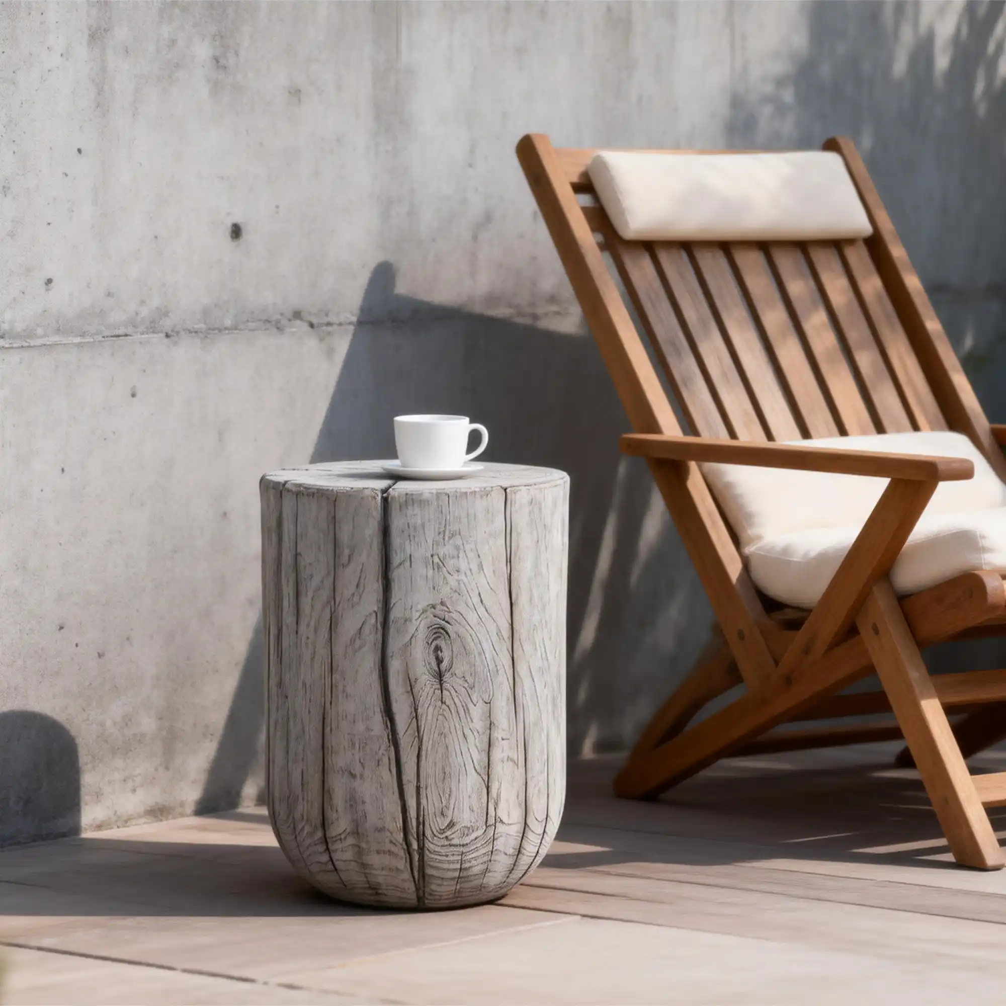 Beistelltisch aus Beton mit Lounge und Pflanzen
